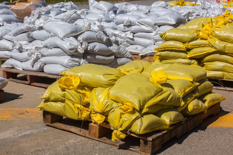Sandbags on pallets, ready for transport and use by Sandee's Soil & Rock, Ogden, UT